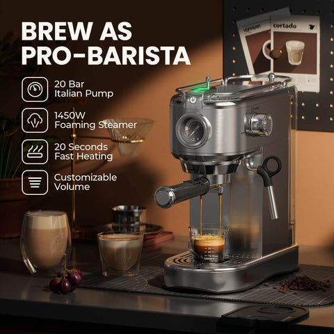 20 Bar Espresso Machine With Steam Wand, Compact Stainless Steel Coffee Maker For Lattes And Cappuccinos, 1450W Fast Heating