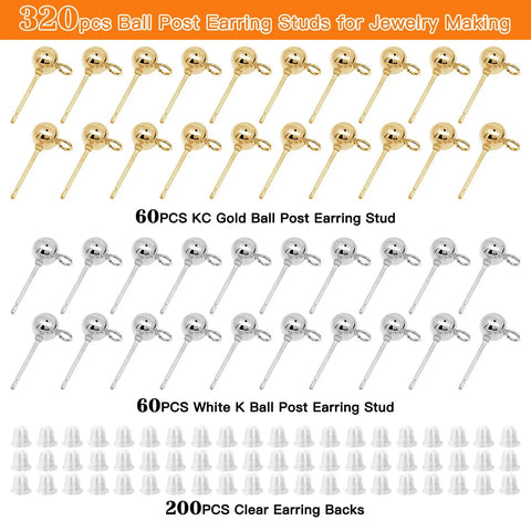 Hypoallergenic Ball Stud Earrings Posts With Loop For Jewelry Making, Round Ball Post Studs And Clear Earring Backs Kit, 320 Piece DIY Jewelry Supply For Crafting Dope Earrings And Accessories. 60 gold posts, 60 silver posts and 200 clear backs
