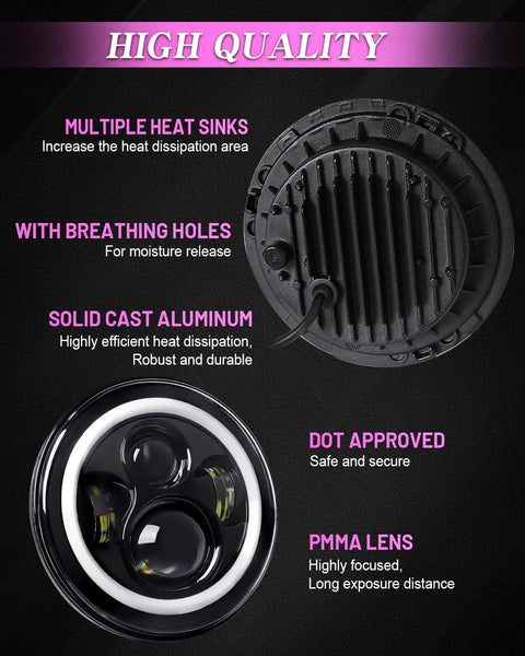 Back of 7 Inch LED Headlights With Pink Purple Halo Ring, Hi Lo Beam, DRL And Amber Turn Signal showing heat sinks and breathing holes