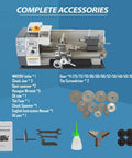 Complete accessories for Compact Metal Bench Lathe Featuring A Beefy 8X16 Inch Bed And Mt5 Taper Powered By A Silky 900W Brushless Motor.