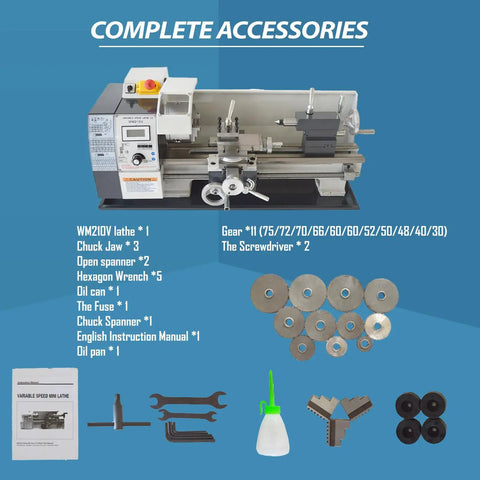 Complete accessories for Compact Metal Bench Lathe Featuring A Beefy 8X16 Inch Bed And Mt5 Taper Powered By A Silky 900W Brushless Motor.