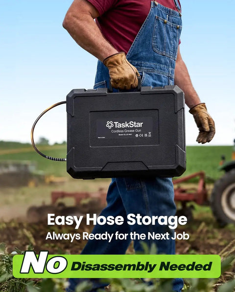 Man holding Lock On Trigger Cordless Electric Grease Gun Workhorse Kit in field, showcasing easy hose storage.