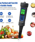 Top Notch Food pH Meter with Temperature Digital pH Tester for hot sauce, fermentation, cheese, and sourdough shown with foods.
