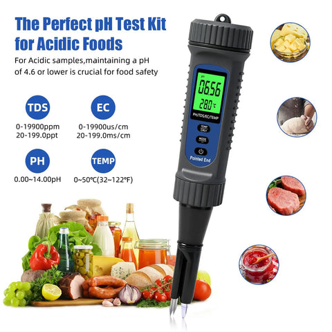 Top Notch Food pH Meter with Temperature Digital pH Tester for hot sauce, fermentation, cheese, and sourdough shown with foods.