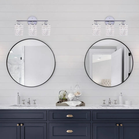 3 Light Crystal Vanity Sconce Over Mirror with Nickel Finish in modern bathroom setup