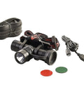 ProTac USB Headlamp Delivers 1000 Lumen Output And 13,500 Candela, with straps, lens filters, and charging cable.