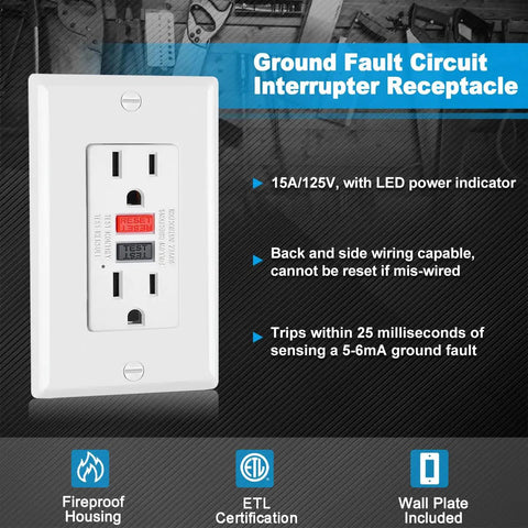 10 Pack GFCI Receptacle Outlets 15 Amp Ground Fault Circuit Interrupter With LED Indicator Wall Plate Included ETL Listed Non Tamper Resistant Back Or Side Wire Compatible Plug And Play No Fuss Install Safe For Home And Office
