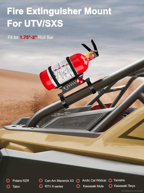 Gear Up With A Quick Release UTV Fire Extinguisher Mount Kit, Adjustable 1.75-2 Inch Roll Cage Bracket on off-road vehicle