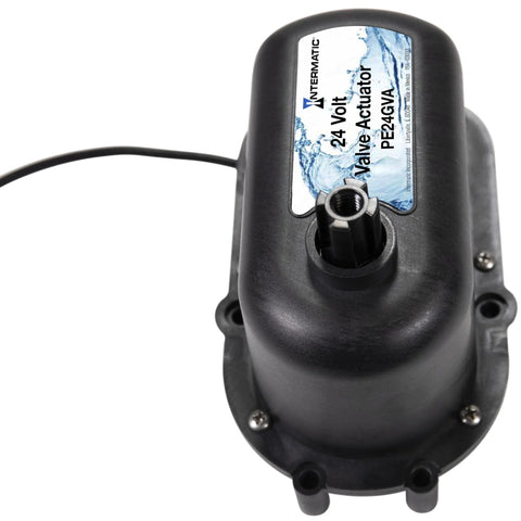 Front view of Intermatic PE24GVA 24V valve actuator, black weatherproof housing with drive shaft