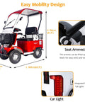 Heavy Duty Electric Golf Cart Passenger Cruiser Features Massive Storage Trunk And Slick 800W Motor Pushing 18MPH Over 50 Miles Per Charge For No Sweat Riding Anywhere showing dimensions and features.