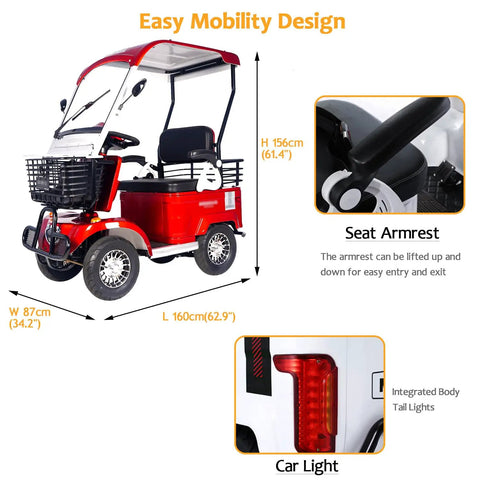 Heavy Duty Electric Golf Cart Passenger Cruiser Features Massive Storage Trunk And Slick 800W Motor Pushing 18MPH Over 50 Miles Per Charge For No Sweat Riding Anywhere showing dimensions and features.