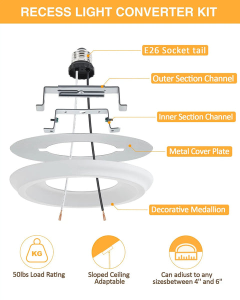 Recessed Can Light Conversion Kit For 5 Inch And 6 Inch Ceiling Fixtures With E26 Socket Plus White Round Ceiling Medallion Slick Pendant Hanging Light Upgrade Top Tier Room Refresh components with E26 socket, decorative medallion and cover plate.