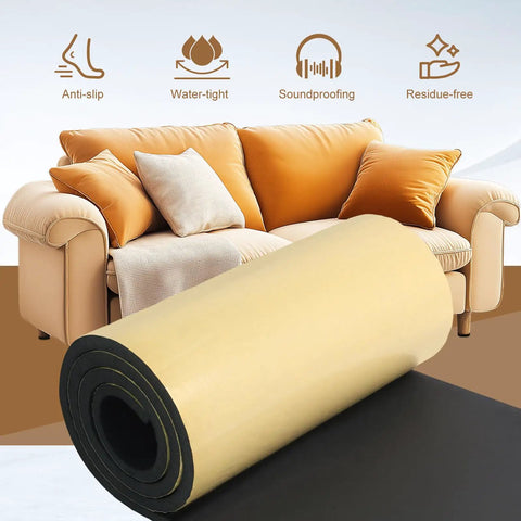 Top Shelf Closed Cell Neoprene Foam Sheet With Slick Grease Resistant Adhesive 12 By 59 By Quarter Inch Thick Heavy Duty Sound Absorbing Cushion Pad For Daily Grind rolled on floor near couch.