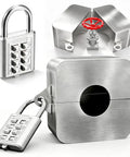 Heavy Duty Outdoor Faucet Lock For 1 To 2.95 Inch Valve Handles, Stainless Steel Water Spigot Lock To Stop Tampering And Wasting Water, Built Tough No Nonsense Security You Can Count On. Stainless steel faucet lock with padlocks, open and closed views
