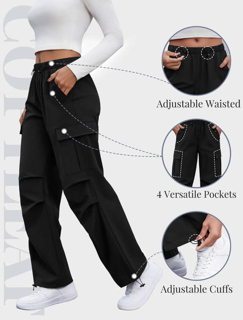 Women's Cargo Hiking Pants With Elastic Waist, Water Resistant Quick Dry Parachute Style Baggy Fit, Black Size M, showing adjustable waist and cuffs
