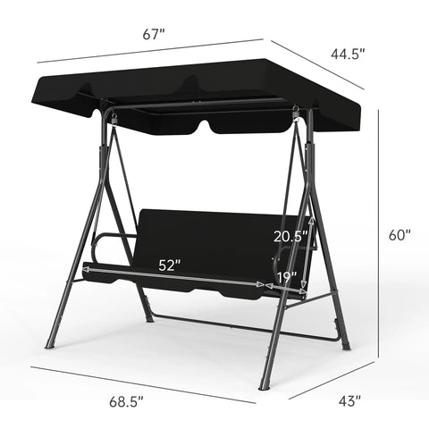 Dimensions of Outdoor Patio Swing Chair With Adjustable Canopy And Heavy Duty Stand For Three Adults, Weatherproof Black glider