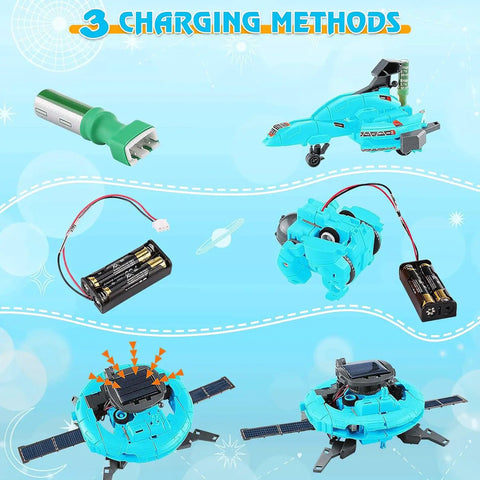 Various charging methods and solar-powered robots from the Solar Robot Kit For Kids Six In One Science Toys With 120 Pcs Building Experiments For Ages 8 To 12 Boys And Girls Hands On Solar Powered Education Gift For Curious Minds