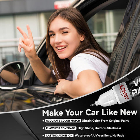Woman in a car window waving next to a Color Accurate Black Car Touch Up Paint Kit For A Slick, Seamless Scratch Repair With Quick Dry