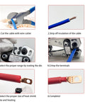 All In One Cable Lug Crimping Tool Kit With 50 100 200 Pcs Copper Wire Lugs For AWG 10 To 1/0 Includes Cable Cutter And 80 Pcs Heat Shrink Tubing In Red And Black For Battery Terminals Solar Marine Vehicles Wiring instructional steps image showing cable cutting, stripping, crimping, and heat shrinking process.