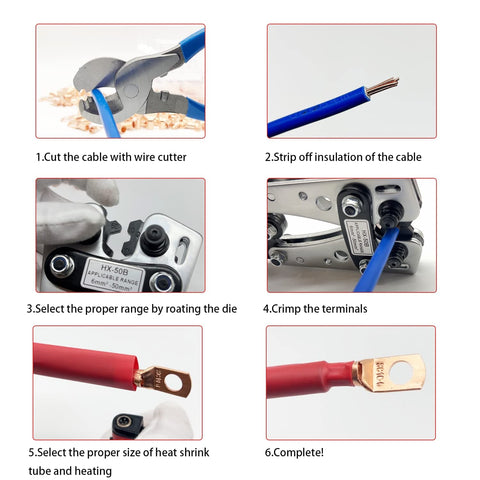 All In One Cable Lug Crimping Tool Kit With 50 100 200 Pcs Copper Wire Lugs For AWG 10 To 1/0 Includes Cable Cutter And 80 Pcs Heat Shrink Tubing In Red And Black For Battery Terminals Solar Marine Vehicles Wiring instructional steps image showing cable cutting, stripping, crimping, and heat shrinking process.