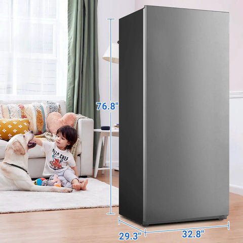 No Sweat 21 Cubic Foot Upright Convertible Freezer And Refrigerator With Built Tough Stainless Steel Exterior in home setting.