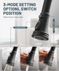 Close-up of Matte Black Kitchen Sink Faucet With Pull Down Sprayer Three Outlet Modes showing switch positions.