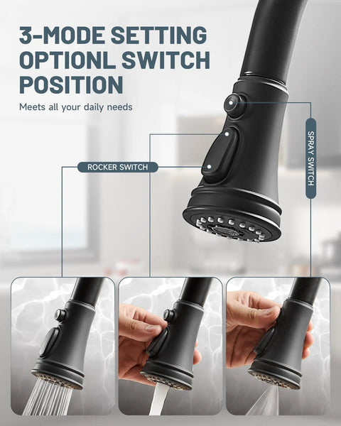 Close-up of Matte Black Kitchen Sink Faucet With Pull Down Sprayer Three Outlet Modes showing switch positions.
