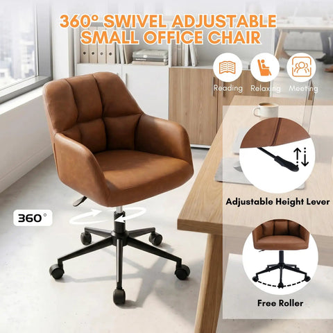 Faux Leather Office Chair With Wheels 360 Degree Swivel Height Adjustable Armrests Mid Back Comfy Ergonomic Computer Chair For Home Office Living Room Bedroom Brown next to desk