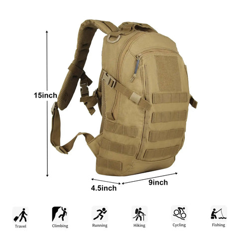 Compact 12L Tactical Backpack For Outdoor Adventures, Molle Compatible, 600D Nylon, Tan, side view showing compartments and straps.