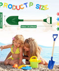 Eight Pack Kids Beach Shovels Set With 22 Inch Plastic Scoops And Wooden Handles For Sand Digging Snow Play In Sandbox Outdoor Yard Garden Classic Colors, featuring a green shovel and children playing on the beach.