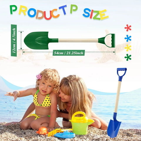 Eight Pack Kids Beach Shovels Set With 22 Inch Plastic Scoops And Wooden Handles For Sand Digging Snow Play In Sandbox Outdoor Yard Garden Classic Colors, featuring a green shovel and children playing on the beach.