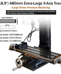 18.9"/480mm Extra-Large X-Axis Travel with precise measurement details for Benchtop Drilling Milling Machine With 1300W Brushless Motor Variable Speed 20 To 2250 RPM Dead Nuts Steady On Metal Wood And Plastic 110V Setup Crushes Projects Smooth As Silk Ideal For Serious Hobbyists And Garage Builds.