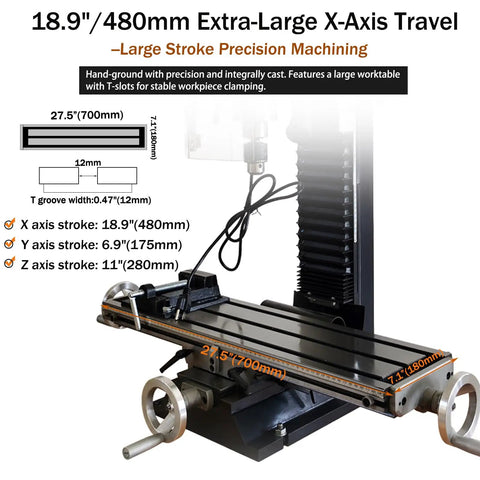 18.9"/480mm Extra-Large X-Axis Travel with precise measurement details for Benchtop Drilling Milling Machine With 1300W Brushless Motor Variable Speed 20 To 2250 RPM Dead Nuts Steady On Metal Wood And Plastic 110V Setup Crushes Projects Smooth As Silk Ideal For Serious Hobbyists And Garage Builds.