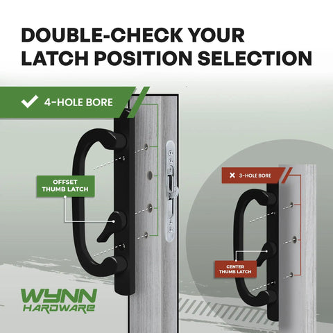 Heavy Duty Sliding Patio Glass Door Handle Replacement Kit Featuring Non Mortise Offset Latch And Matte Black Finish For Thick Frames displayed with latch position guide.