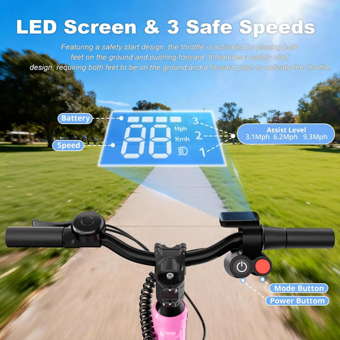 Kid-Friendly Electric Balance Bike For Ages 3 To 5 With 12 Inch Pneumatic Tires, 180W Motor, Top Speed 9.3 MPH, Safe Kick-To-Start, 3 Speed Modes, LCD Display, Quick Charge, LED Lights, Pink handlebar LCD display and speed controls