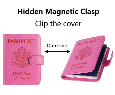 Passport Holder Wallet With RFID Blocking Leather Card Case For Travel For Women And Men Pink Durable Premium Leather Passport Cover Slim Yet Spacious Keeps Cards Safe Easy Access Top Notch Go To Travel Must Have showing hidden magnetic clasp