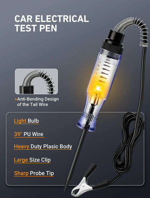6V-12V-24V DC Car Electrical Test Pen With Alligator Clip And Long Steel Probe, Continuity And Voltage Fuse Tester For Sedan, SUV, RV And Truck, Handy Automotive Test Light For Quick Circuit Checks, 39 inch PU wire, plastic body