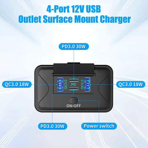Two Pack 78W 4 Port 12V USB Wall Mount Charger Panel with Button Switch, showing dual PD and dual QC ports and power switch.