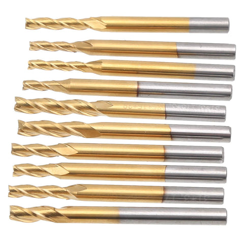 Set of 10 TiN-coated 3-flute end mills with round shanks for CNC machining