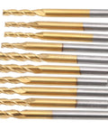 10-piece Ti-coated 3-flute end mill set with round shanks for engraving, drilling, milling wood, plywood, acrylic.