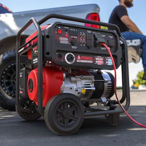 8,200 Watt Dual Fuel Portable Generator with 322cc OHV, CO Sensor, in outdoor setting next to truck