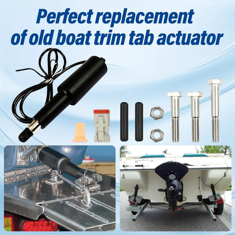 Plug And Play Boat Trim Tab Actuator Kit For Lenco 15054-001 And 20400-001 with parts displayed and installed on boat