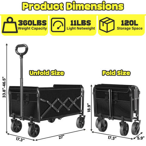 Ultra Portable Collapsible Wagon Cart With Wheels, 360Lb Load Capacity, showing unfolded and folded dimensions