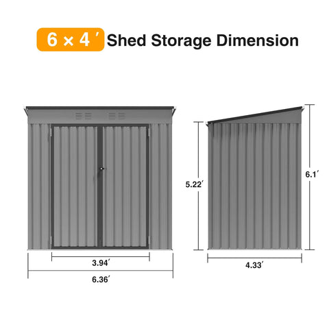 6 By 4 Ft Heavy Duty Metal Storage Shed With Sloped Roof And Lockable Door For All Season Outdoor Storage In Grey