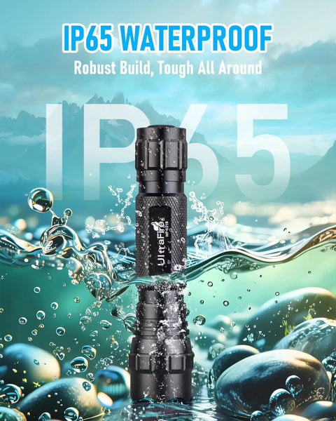 Tactical Flashlight With Holster And Charger, 1000 Lumen LED Duty Light in water showcasing IP65 waterproof build.