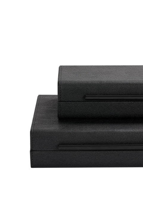 Stacked view of Two Piece Black Shagreen Faux Leather Jewelry Box Set With Velvet Lined Keepsake Organizers and black metal handles.