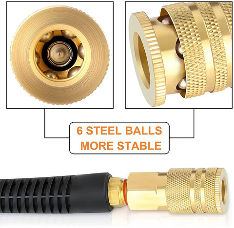 Close-up of brass fittings and connectors on One Quarter Inch 50 Foot Polyurethane Air Hose with Brass Fittings, 300 PSI Max.