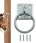 Heavy Duty Horse Tie Ring Square Wall Mounted Fastener For Easy Ground Ties And Stable Setup shown with screws and horse