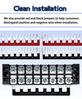4 Sets 8-Position 600V 25A Terminal Blocks With Cover, shown with red/black jumpers for easy wiring and clean installation.