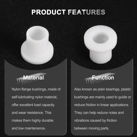 Heavy Duty Nylon Flanged Sleeve Bearing Bushing Self Lubricating Plastic Plain Journal Rod End Hardware, showing two bushing features.